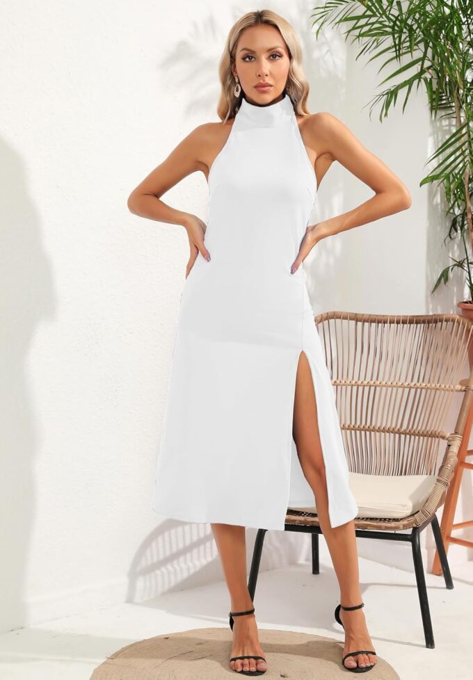 ALENDA DANMOS Women's Sleeveless Bodycon Halter High Neck Midi Dress Thigh High Slit Cocktail Party Dress 193 – Bild 2