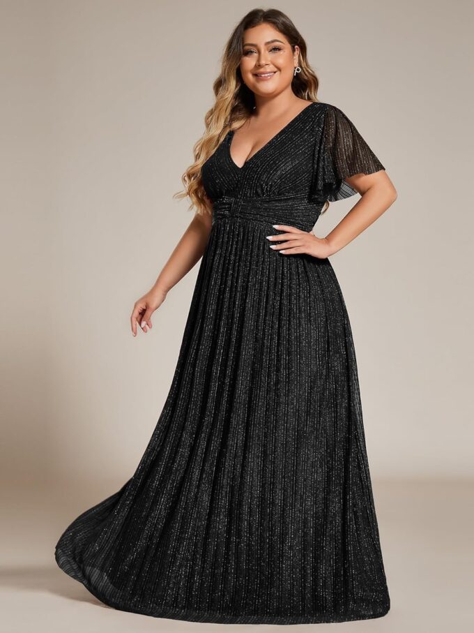 Ever-Pretty Women's A Line V Neck Glitter Short Sleeves Pleated Plus Size Formal Evening Dresses 11961-DA – Bild 3