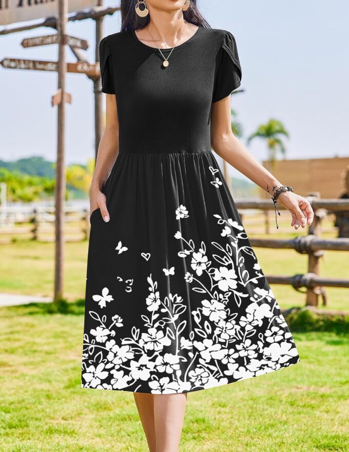 Zeagoo Women Summer Short Sleeve Midi Dress with Pockets Casual Aline Flowy Tshirt Dress Floral Vocation Beach Sundress – Bild 4