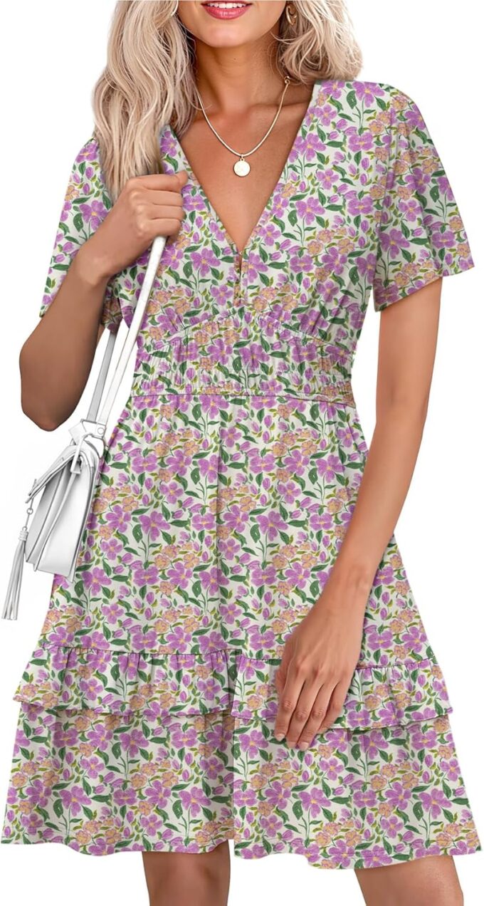 Simplee Womens Floral Short Summer Dress - Empire Waist A Line Flutter Sleeve V Neck Boho Mini Dresses with Pockets