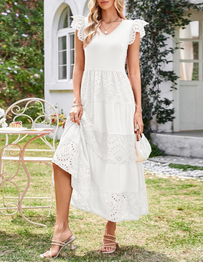 GRACE KARIN Women Summer Maxi Dresses Casual V Neck Ruffle Sleeve Lace Eyelet Tiered A Line Flowy Sundress with Pockets – Bild 5