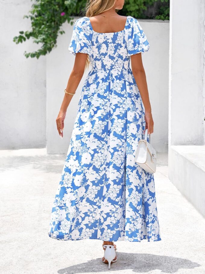 BTFBM Womens Summer 2025 Casual Maxi Dresses Short Sleeve Smocked Tiered Floral Boho Long Beach Dress with Pockets – Bild 3