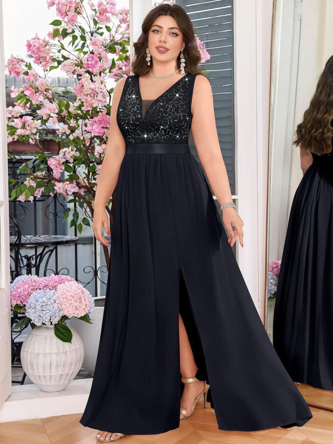MISSMAY Women's Plus Size Sequined Lace Deep V-Neck Sleeveless Slit Formal Evening Party Maxi Dress – Bild 4