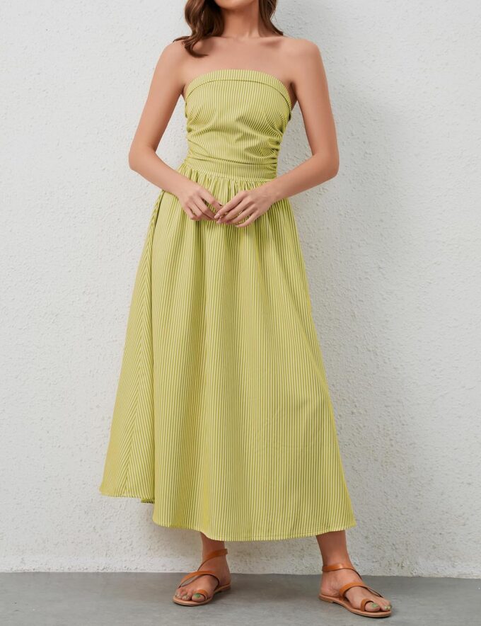 Women Striped Strapless Sleeveless Flowy Summer Casual Tube Maxi Long Dress with Pockets – Bild 3