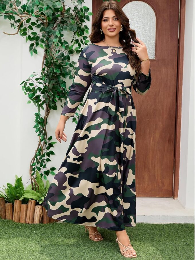 Plus Size Dress for Curvy Women Stretch Self Tie A-Line Maxi Dress with Pockets Swing Long Outfit – Bild 4