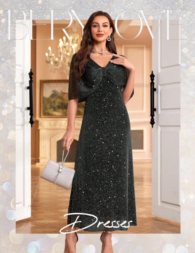 BeryLove Women Sequin Formal Party Dress Cocktail Evening Gown Wedding Dresses with Shawl – Bild 3