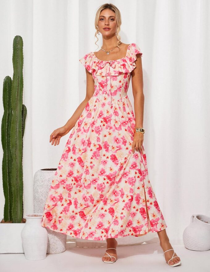 GRACE KARIN 2025 Womens Maxi Dresses Summer Off Shoulder Floral Dress Ruffle Split Beach Flowy Boho Wedding Guest Dress – Bild 2