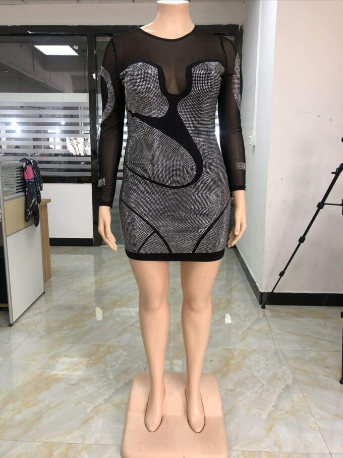 Womens Sexy Plus Size Long Sleeve Rhinestone Mesh See Through Bodycon Party Club Mini Dress Clubwear – Bild 3