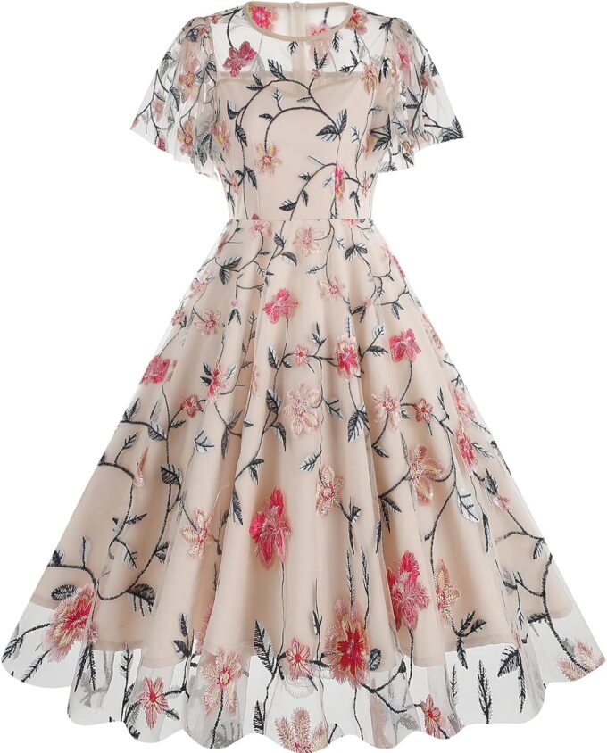 1950s Dresses for Women Vintage Floral Embroidery Mesh Dress Illusion Round Neck Short Sleeve