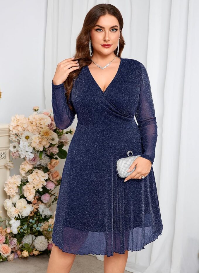 CYCLAMEN Plus Size Glitter Dress Sparkly Mesh Long Sleeve Wrap V Neck A Line for Wedding Guest Cocktail Club Nights – Bild 6