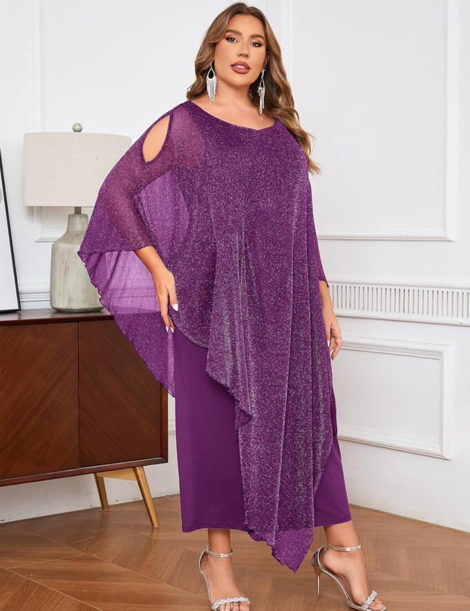ZOMVA Plus Size Elegant Formal Dress Long Cape Overlay Wedding Guest Formal Cocktail Mother of Bride Outfit – Bild 5