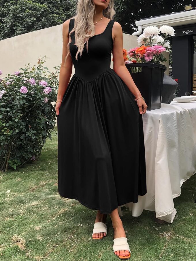 Women's Summer Maxi Dress 2025 - Sleeveless Square Neck Casual Beach Sundress with Pockets, Flowy Patchwork Knit – Bild 2