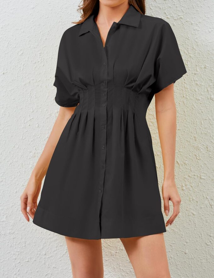 Summer Button Down Shirt Dress for Women Short Sleeve Pleated Mini Dresses Casual A Line Flowy Corset Short Dress – Bild 3