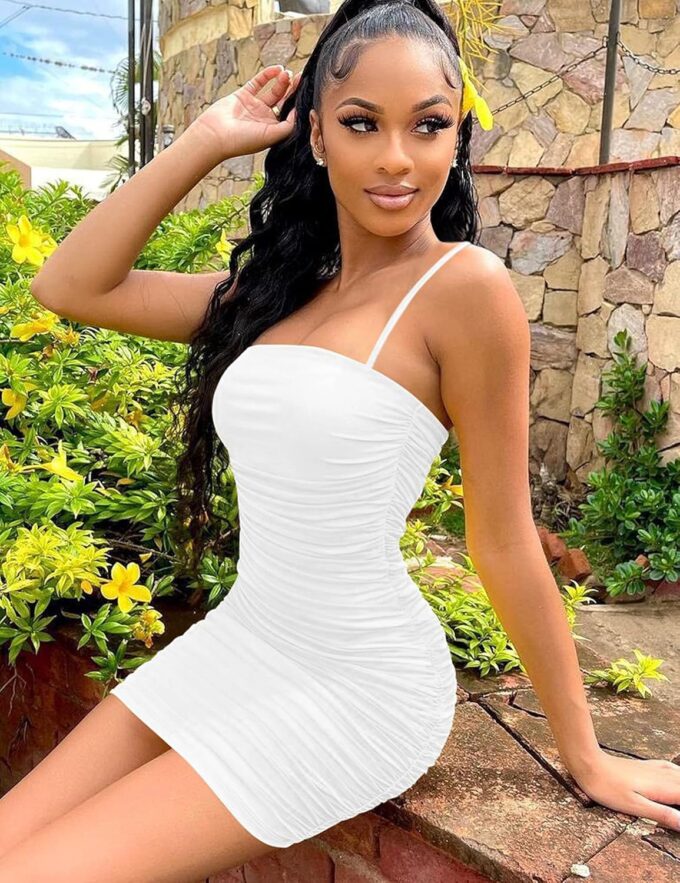 Mizoci Women's Sexy Sleeveless Ruched Spaghetti Strap Bodycon Mini Club Party Dress – Bild 6