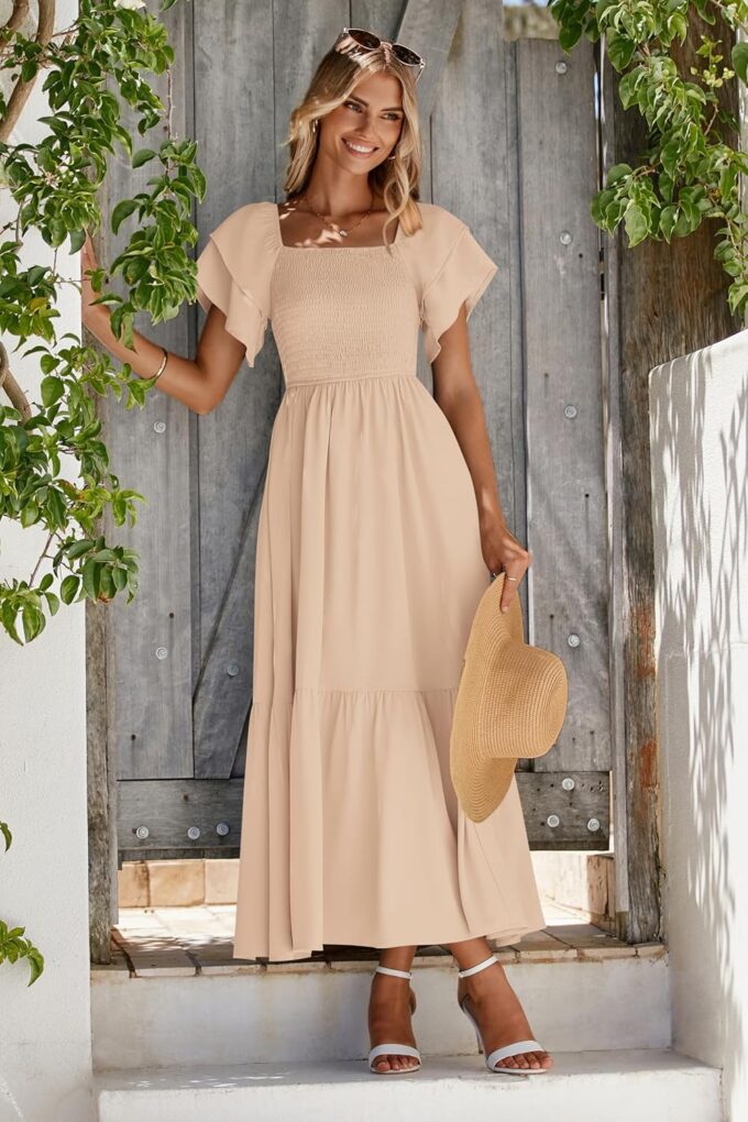 MASCOMODA Womens Summer Casual Midi Dress Square Neck Ruffle Short Sleeve Smocked High Waist A Line Wedding Guest Dresses – Bild 3