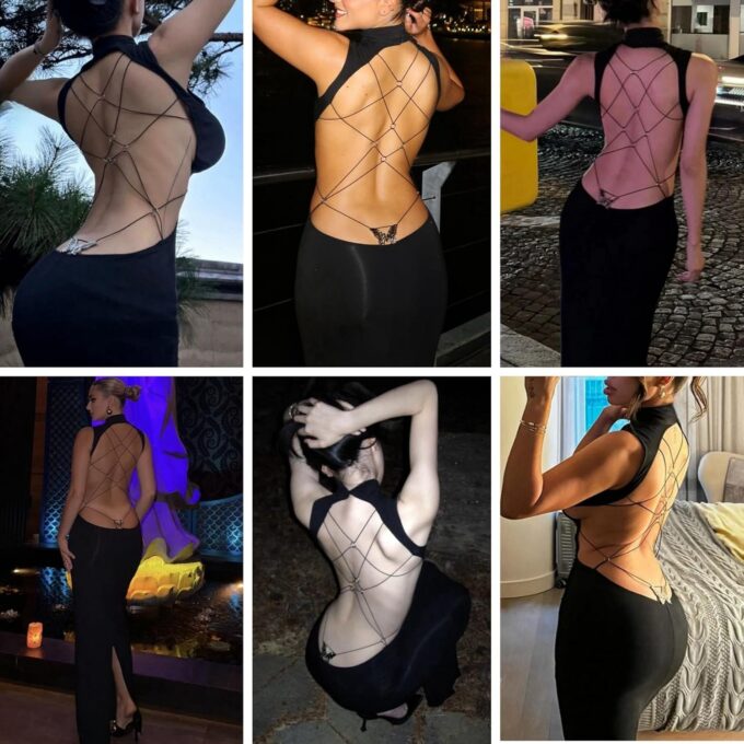 Women's Sexy Mock Neck Criss Cross Wrap Maxi Dress Silver Metal Butterfly Bodycon Long Dress Backless Party Dress – Bild 3