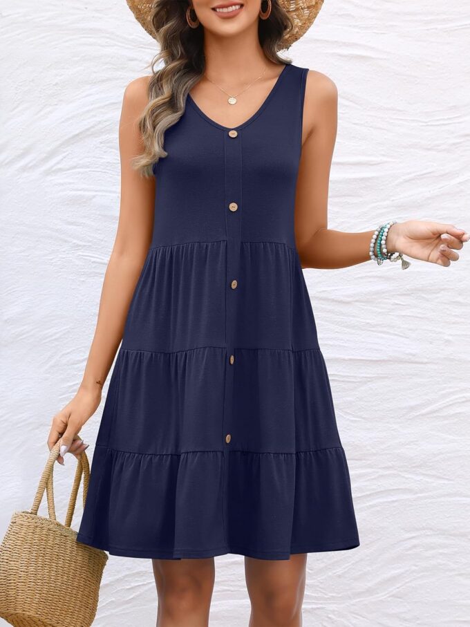 ANRABESS Womens Summer Beach Vacation Dresses V Neck Sleeveless Casual Button Down A Line Swing Mini Sundresses with Pockets – Bild 2