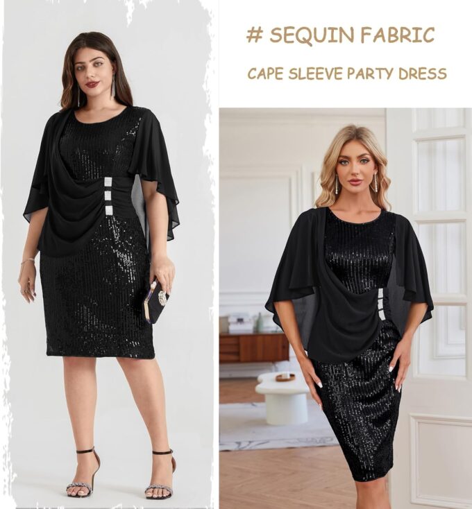 Hanna Nikole 2024 Womens Sequin Party Dress Plus Size Chiffon Cape Sleeve Cocktail Midi Dress – Bild 2