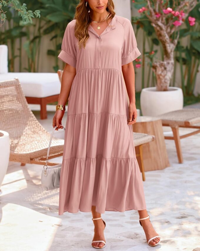 dowerme Women's Summer Dresses 2025 Casual Short Sleeve Button Loose Fit Pleated Boho Flowy Swing Long Beach Sun Dress – Bild 7