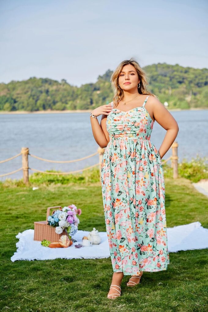 Hanna Nikole Women‘s Plus Size Casual Spaghetti Straps Bohemian Maxi Dress V Neck Flowy Dress with Pockets – Bild 2