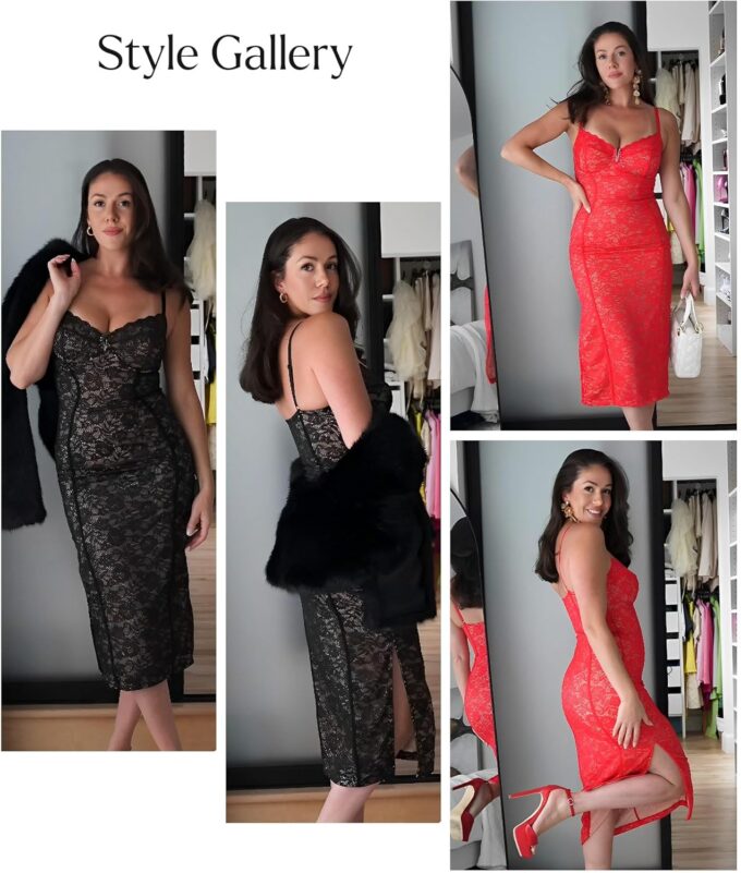 Popilush Lace Cocktail Dresses for Women - Formal Party Corset Shapewear Dress Deep V Neck Midi Dress with Side Slit – Bild 2