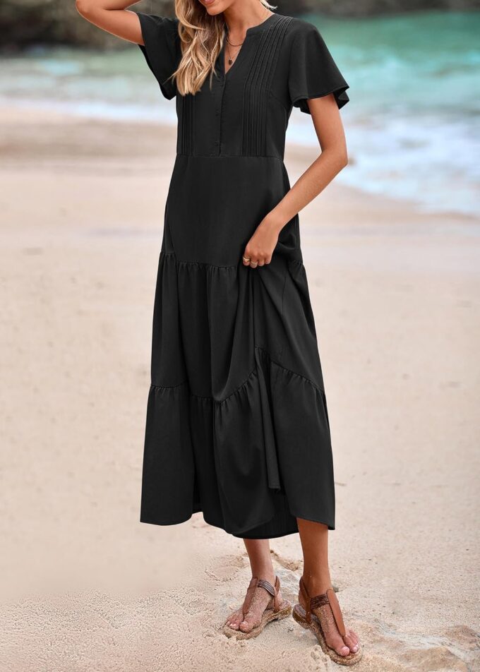KIRUNDO Summer Maxi Dresses for Women 2025 Spring Fashion Short Sleeve Button V Neck Pleated Loose Tiered Swing Flowy Dress – Bild 8