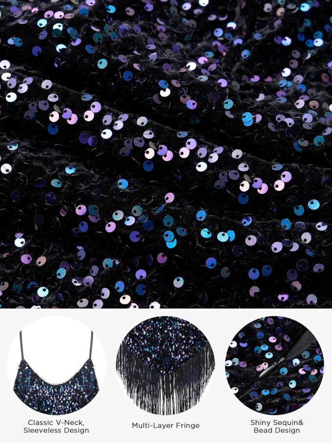 YESSA Women's Flapper Dresses 1920s,V Neck Great Gatsby Dresses Sequin Fringe Dress for Cocktail/Party/Prom/Club/Wedding – Bild 4