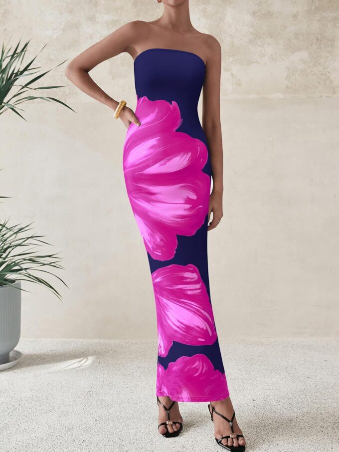 PRETTYGARDEN Women Summer Strapless Maxi Dress Bodycon Floral Sexy Long Wedding Guest Dress Formal Tube Mesh Cocktail Dresses – Bild 2