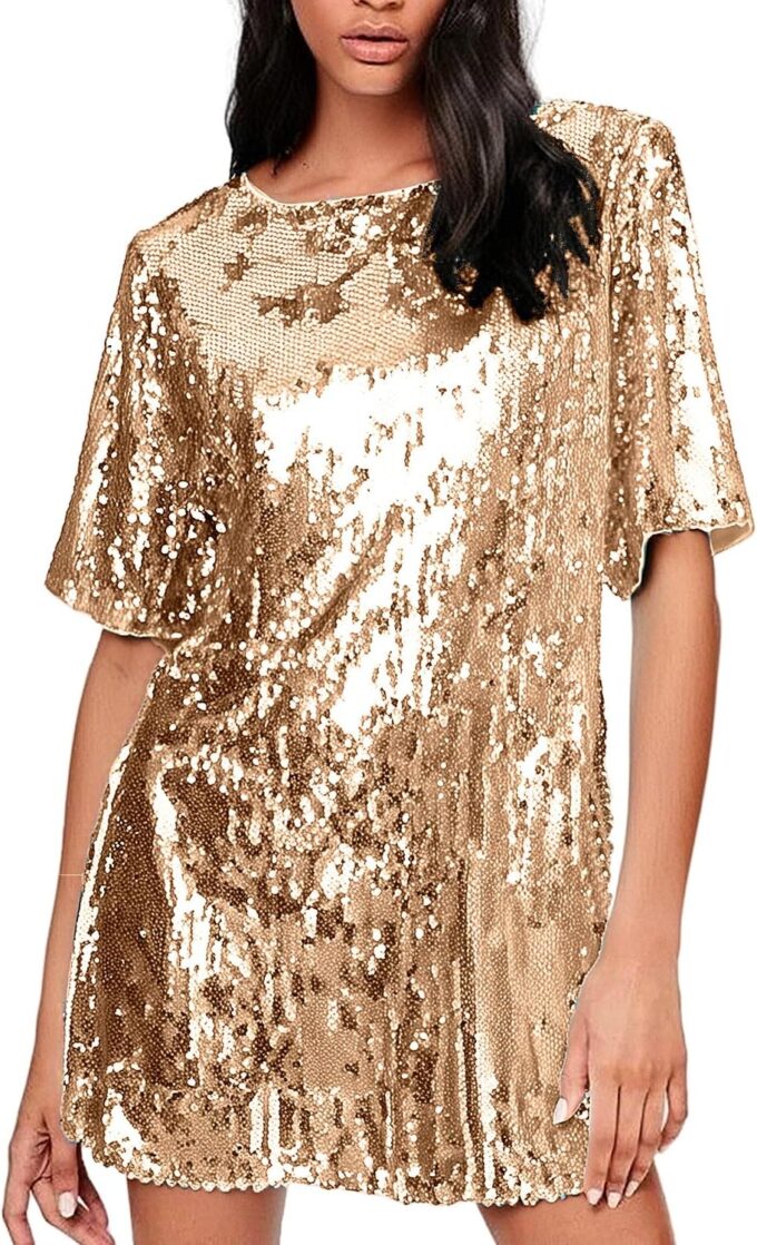Women's Crew Neck Sequin Dress for Women Sexy V Neck Shirt Dress Sparkly Half Sleeve Loose Party Club Cocktail Dress – Bild 7
