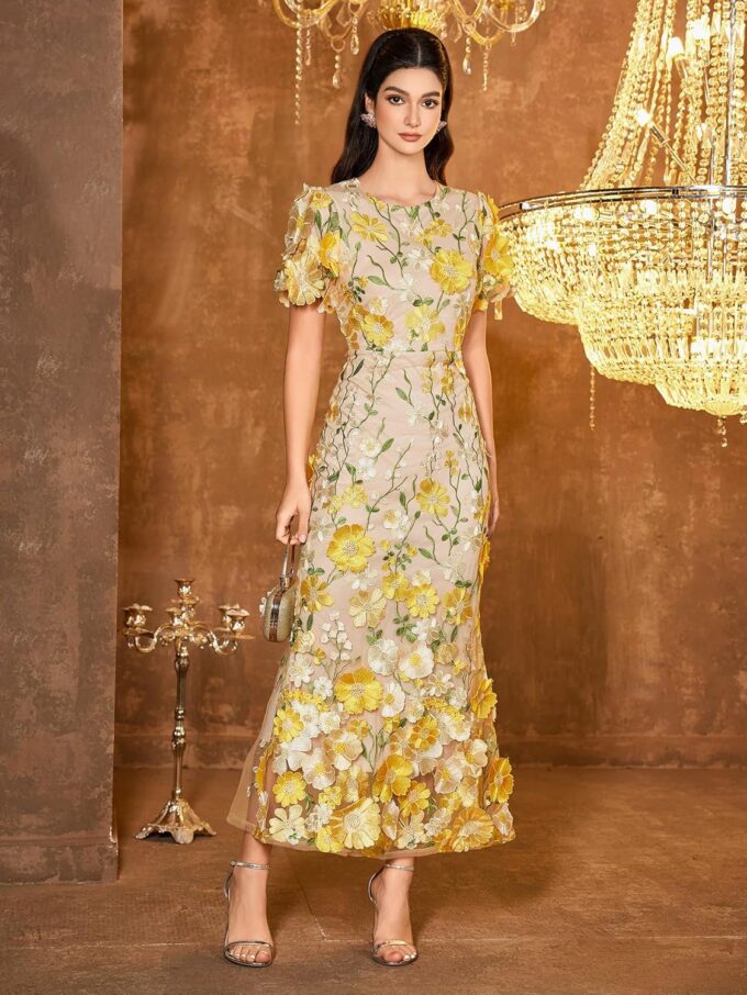 Women's 3D Floral Embroidery Dress Ruffle Sleeve Fishtail Lace Bodycon Party Cocktail Mini Dress – Bild 4