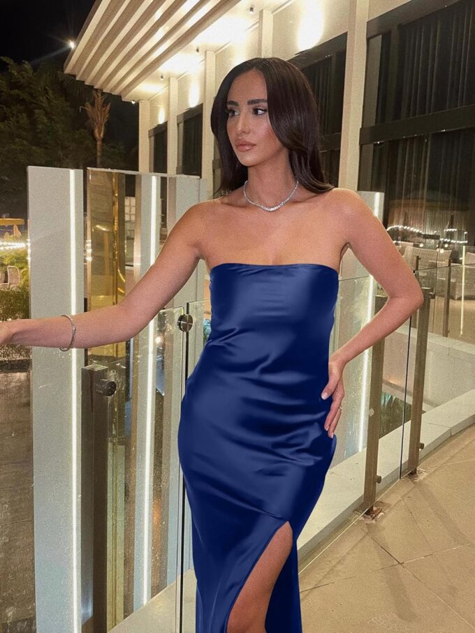 DAAWENXI Women's Summer Sexy Strapless Satin Tube Bodycon Midi Dress Side Slit Cocktail Party Long Dresses – Bild 6