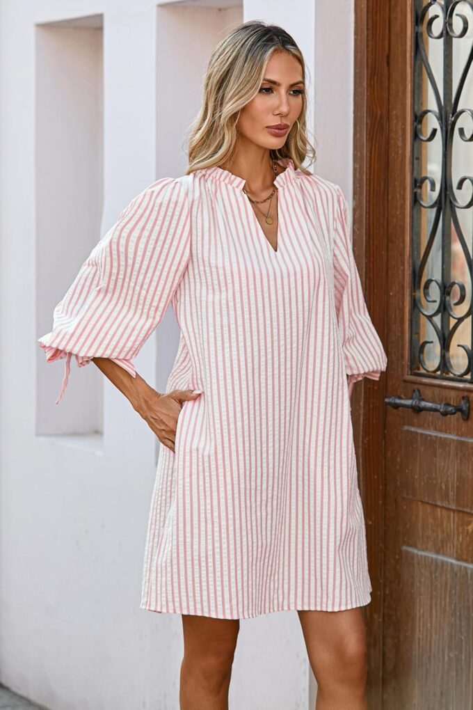 Striped Dress for Women V Neck 3/4 Bow Puff Sleeve Summer A Line Flowy Shirt Dress with Pockets – Bild 5
