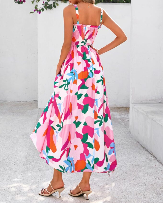 PRETTYGARDEN Womens Summer Dresses 2025 Casual Spaghetti Strap Ruffle Smocked Flowy Floral Print Maxi Dress with Pockets – Bild 5