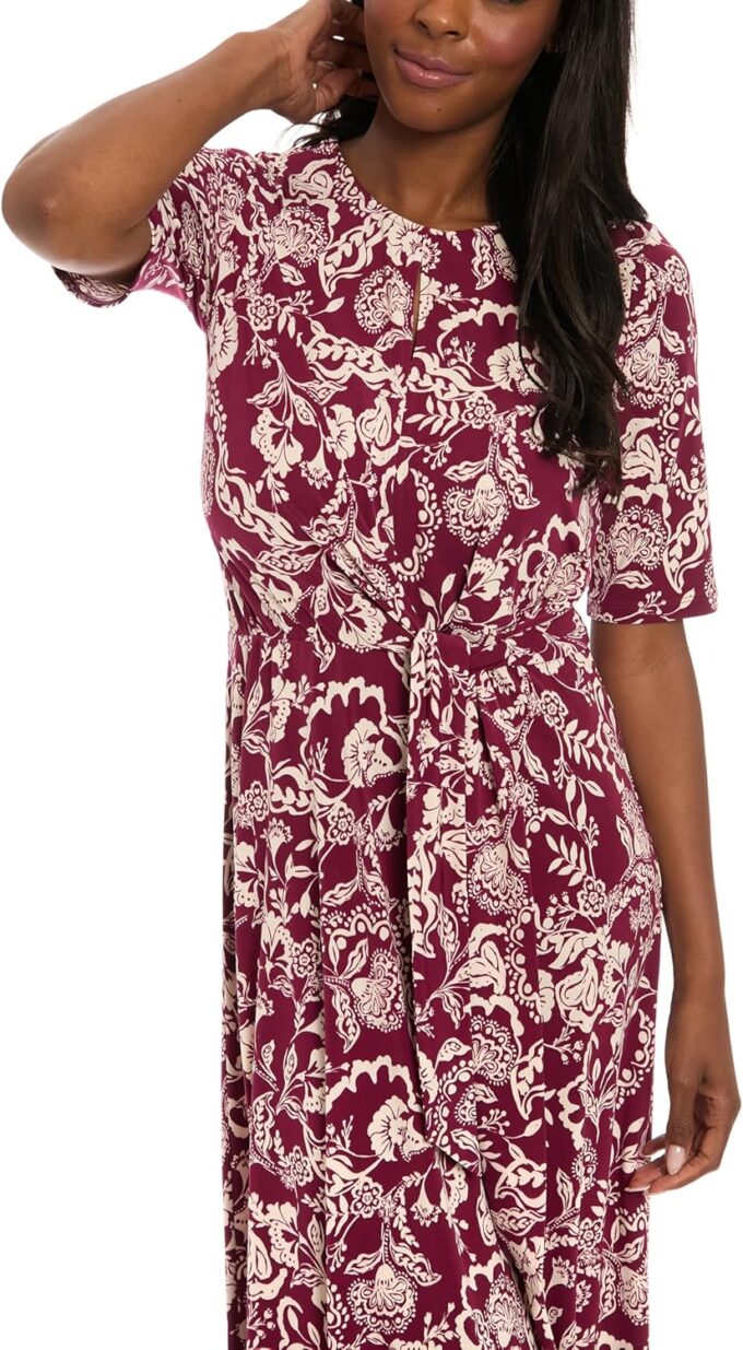London Times Women's Midi A-line Elbow Sleeves-Fitted Waist Gathering Detail-Elegant Wedding Guest Dress – Bild 5
