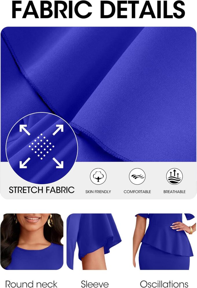 FANDEE Damen Wear to Work Midi Kleid Business Rüschen Ausgestellt Kurzarm Kirche Cocktail Rundhals Bleistiftkleid – Bild 6