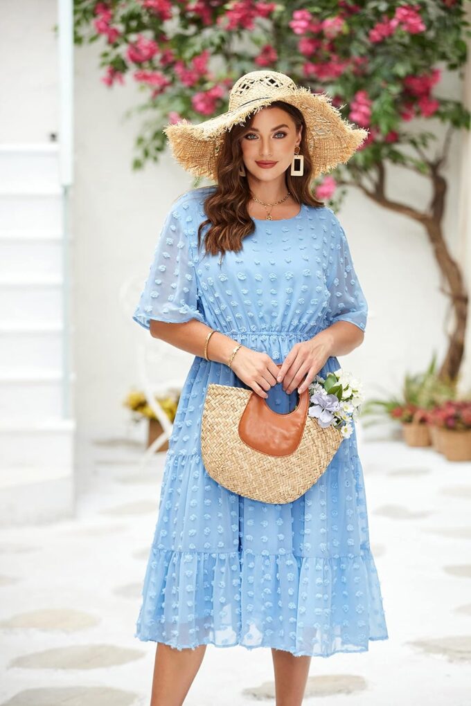 IN'VOLAND Womens Plus Size Swiss Dot Dress Chiffon Short Sleeve High Waist A Line Ruffle Tiered Babydoll Midi Dress – Bild 2