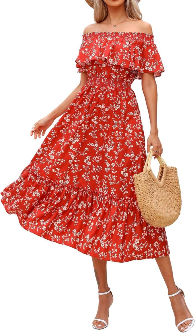 Prettywear Women's 2025 Spring Summer Boho Off Shoulder Midi Dress Floral Short Sleeve A Line Casual Beach Vacation Dresses