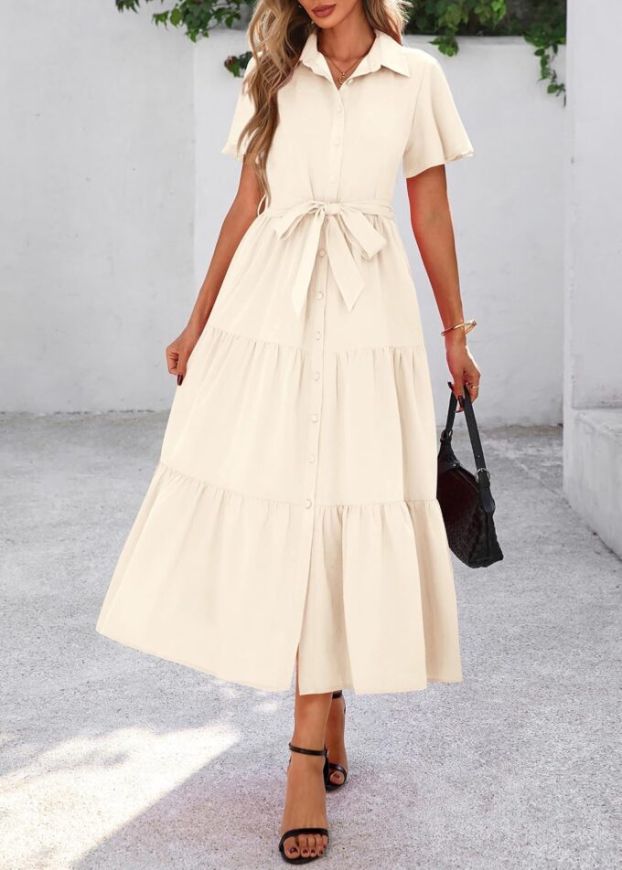 KIRUNDO Summer Button Down Wedding Guest Shirt Dresses for Women Maxi Flutter Short Sleeve Flowy Tiered Beach Sun Dress – Bild 3