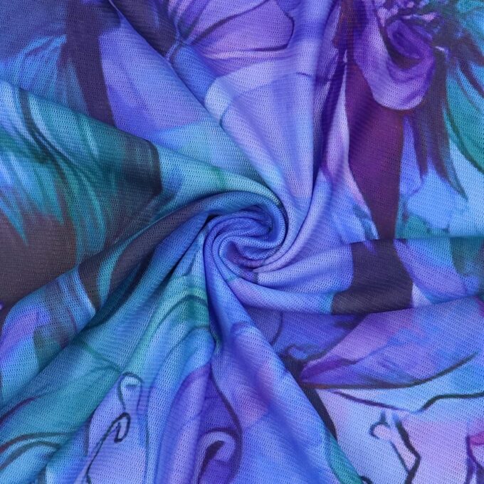 Women’s Floral Tie Dye Sheer Mesh Mini Dress Sexy Mock Neck Split Bodycon Flared Long Sleeve Beach Party Dress – Bild 5