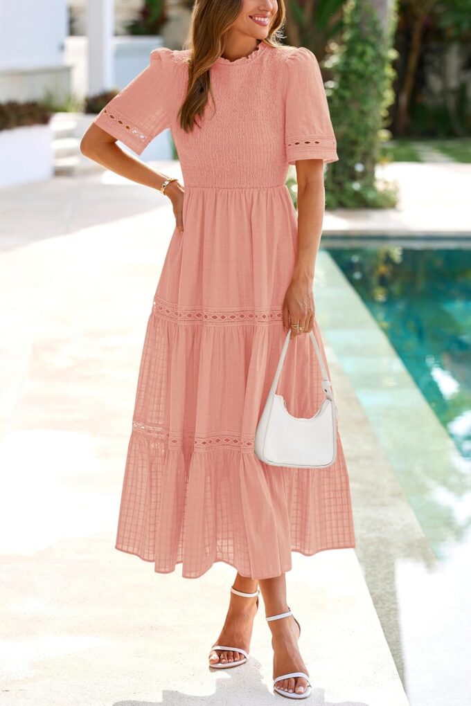 dowerme Summer Dresses for Women 2025 Casual Boho Hollow Out Short Sleeve Ruffle Mock Neck Smocked Maxi Gingham Sundress – Bild 3
