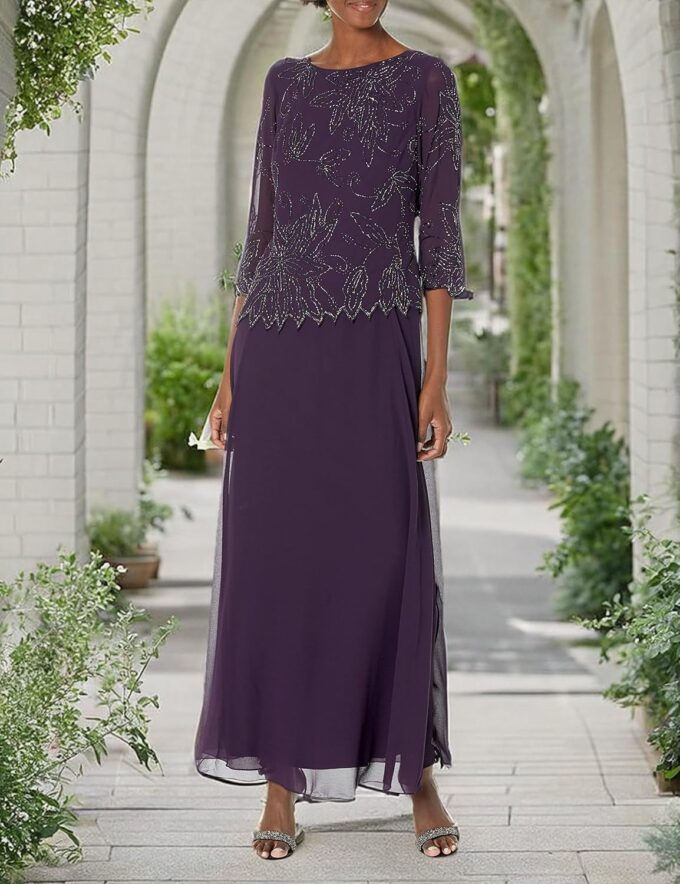 J Kara Plus Size Womens Sheer Sleeve Floral Beaded Long Dress – Bild 3