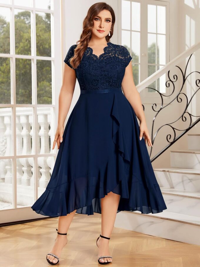 Miusol Women's Plus Size V Neck Elegant Floral Lace Ruffle Bridesmaid Maxi Dress – Bild 3