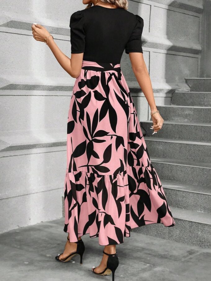 PerZeal Women's Casual Summer Crewneck A Line Short Sleeve Print Flowy Boho Long Maxi Dress with Belt – Bild 4