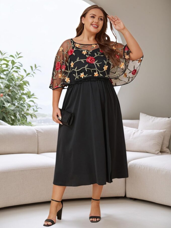 ZNU Women Plus Size Formal Party Wedding Guest Cocktail Dress 2025 - Floral Embroidered Shawl Evening Dress with Pockets – Bild 4