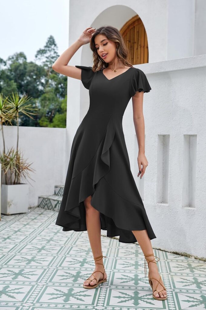 HomRain V Neck Formal Wedding Guest Bridesmaid Dresses for Women 2025 Ruffle Sleeves for Cocktail Graduation Modest Dress – Bild 4