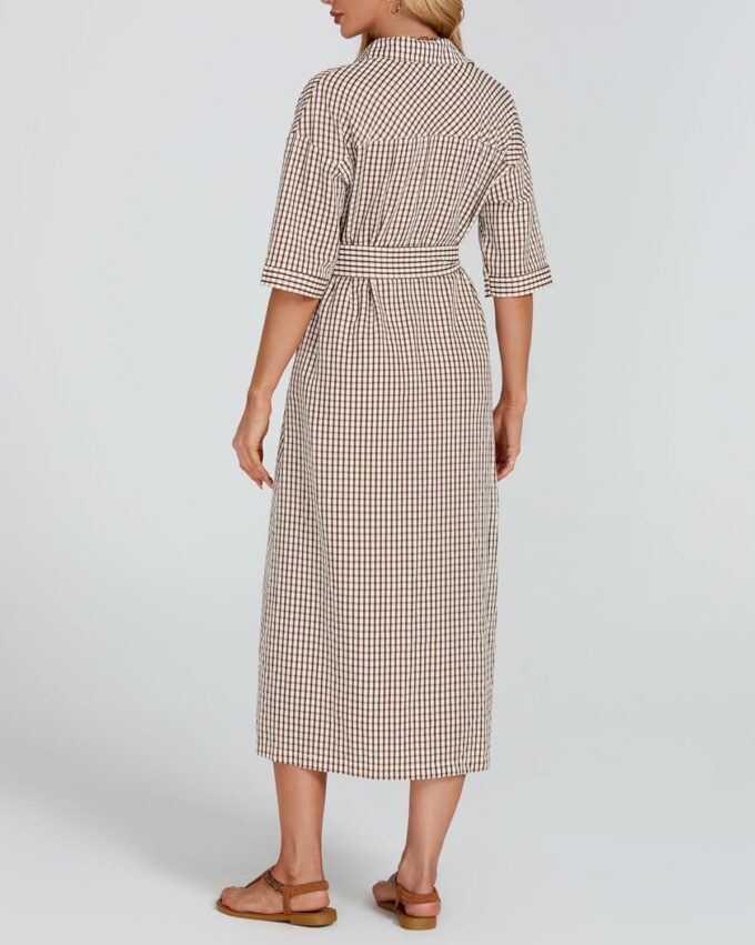 Women's Half Sleeve Plaid Midi Dress Collar V Neck Belted Casual Button Down Long Loose Dress – Bild 4