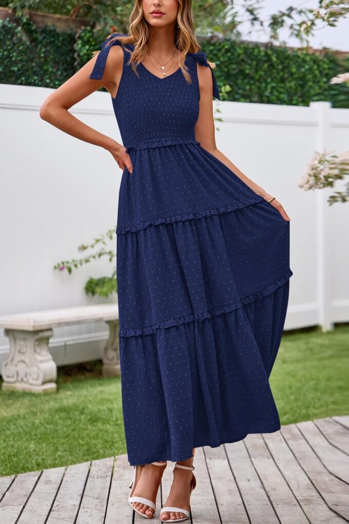 Okiwam Womens Summer Dresses 2025 Sleeveless Tie Strap Maxi Long Flowy Beach Sundresses Boho Swiss Dot Wedding Dress – Bild 8