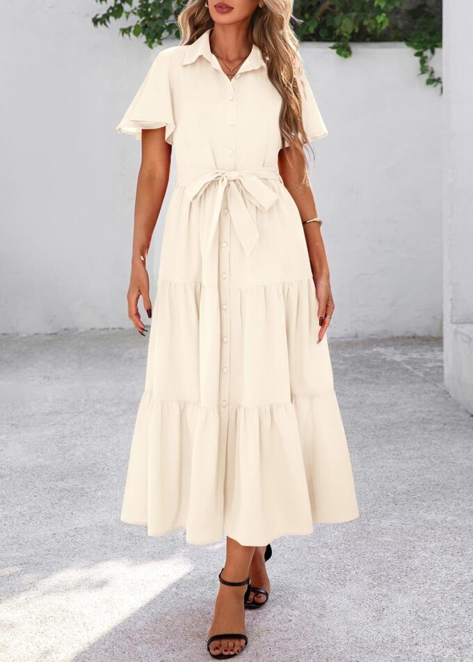 KIRUNDO Summer Button Down Wedding Guest Shirt Dresses for Women Maxi Flutter Short Sleeve Flowy Tiered Beach Sun Dress – Bild 4