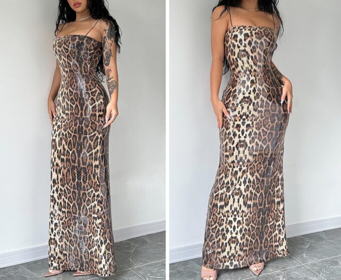 BOLLEY JOSS Women's Leopard Print Sequin Maxi Dress Glitter Sexy Bodycon Sleeveless Long Dress – Bild 6