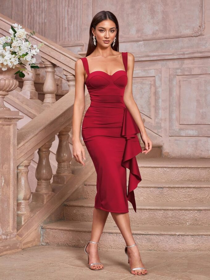 Women's Summer Bodycon Cocktail Vintage Formal Midi Dress with Built-in Bra, Sleeveless, Ruffle Split Hem – Bild 2